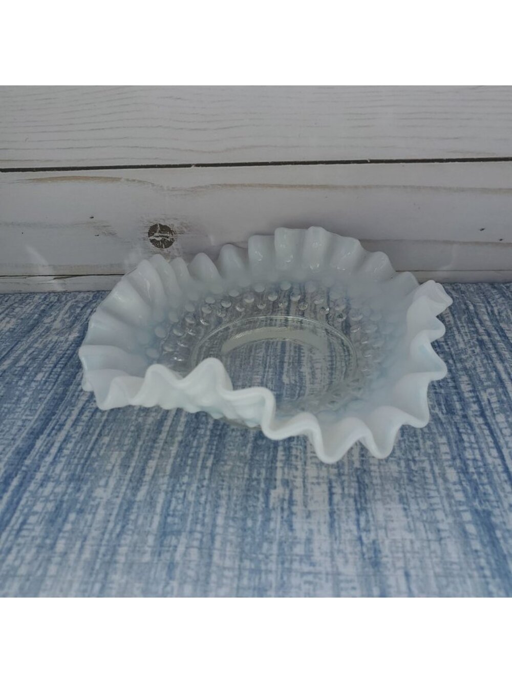 VTG Fenton White Opalescent Glass Hobnail Ruffled Edge Candy Trinket Dish 1950s